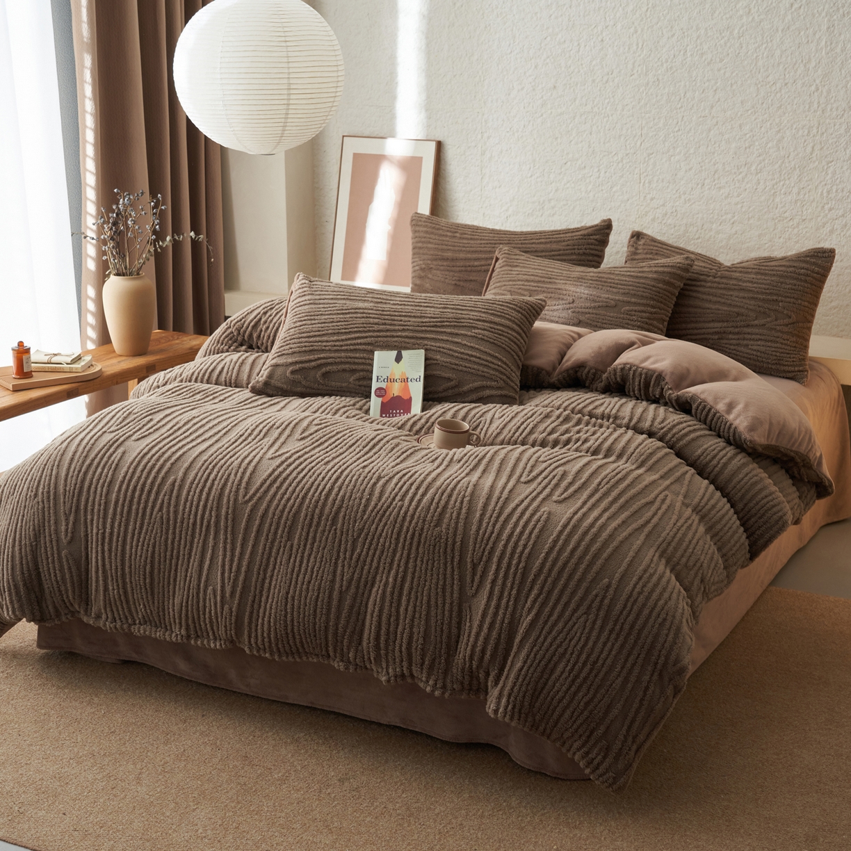 91家纺网 家纺一手货源 找家纺 寐绸家纺 2025秋冬新款230g牛奶绒树纹提花四件套 树纹提花牛奶绒-棕咖