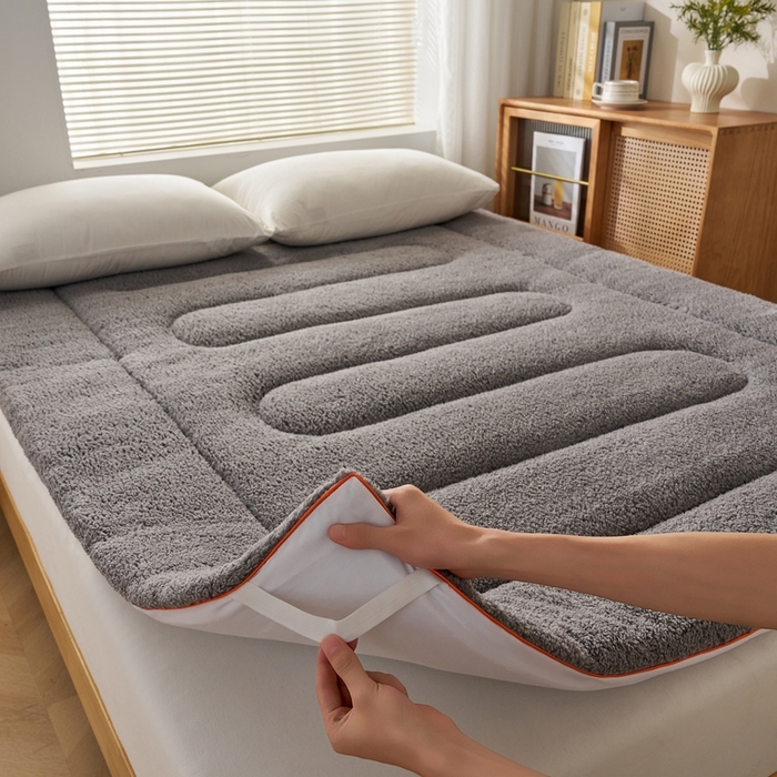 91家纺网 家纺一手货源 找家纺 2025新款加厚保暖羊羔绒加厚床褥床垫羊羔绒床垫-大床图 羊羔绒加厚床褥-典雅灰