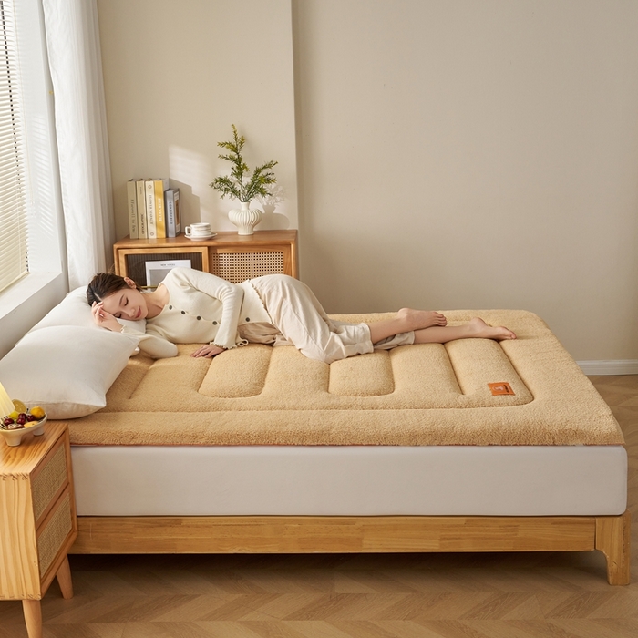 91家纺网 家纺一手货源 找家纺 2025新款加厚保暖羊羔绒加厚床褥床垫羊羔绒床垫-大床图 羊羔绒加厚床褥-咖色