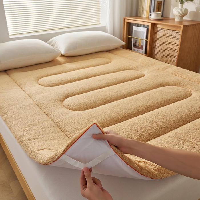 91家纺网 家纺一手货源 找家纺 2025新款加厚保暖羊羔绒加厚床褥床垫羊羔绒床垫-大床图 羊羔绒加厚床褥-咖色