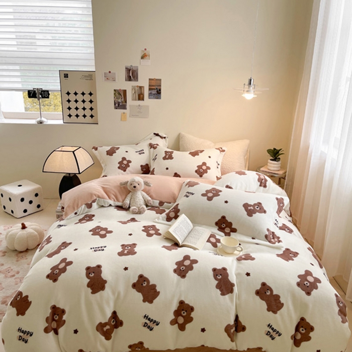 宅部落 2025新款高克重牛奶绒四件套法莱绒三件套单被套 小棕熊