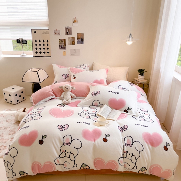 宅部落 2025新款高克重牛奶绒四件套法莱绒三件套单被套 爱心小兔