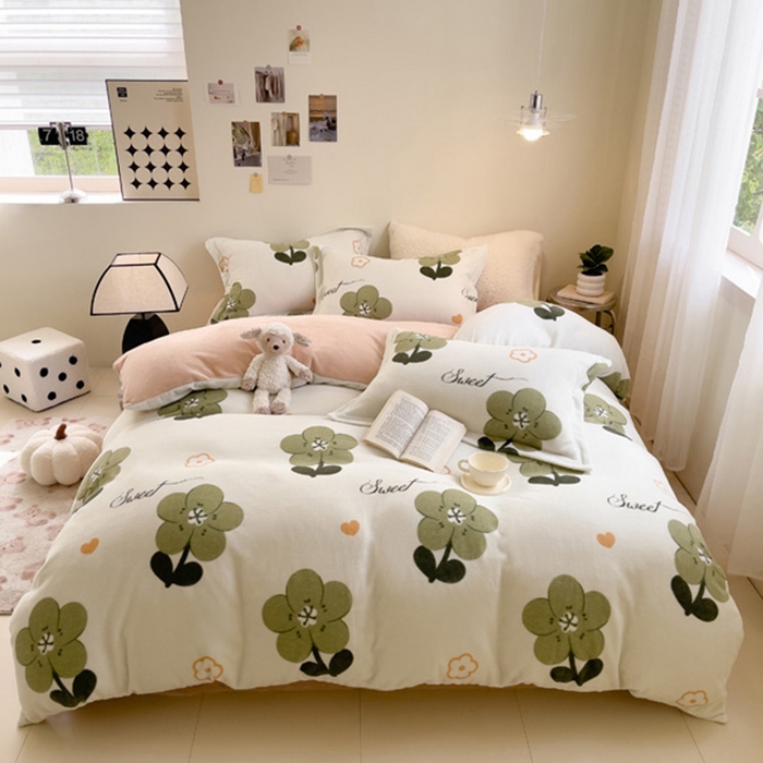 宅部落 2025新款高克重牛奶绒四件套法莱绒三件套单被套 绿丛