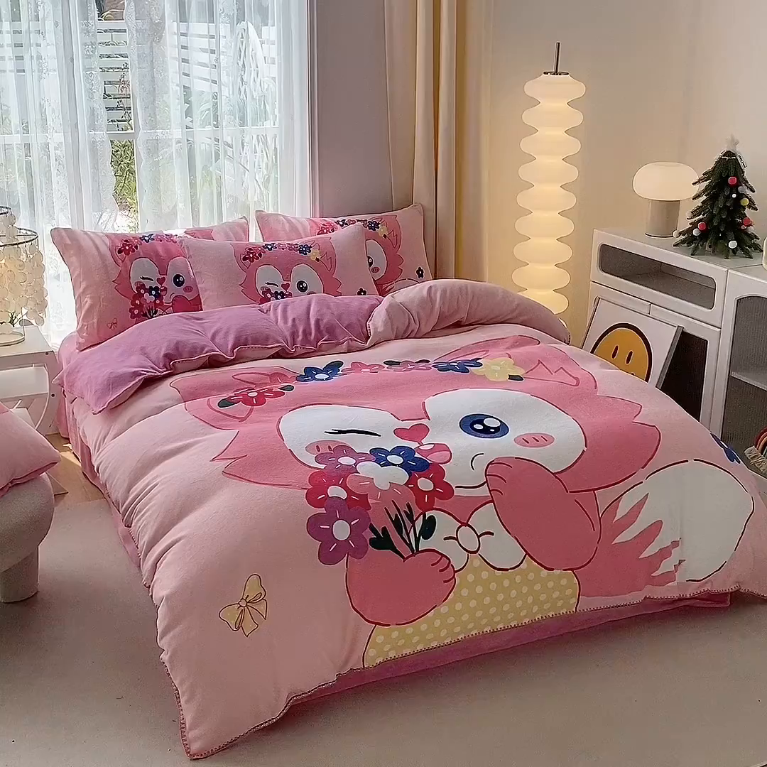 91家纺网 家纺一手货源 找家纺 一电 2025新款双面牛奶绒被套单件150x200儿童加厚法兰珊瑚绒被罩200x230冬季-第二批 花朵狐