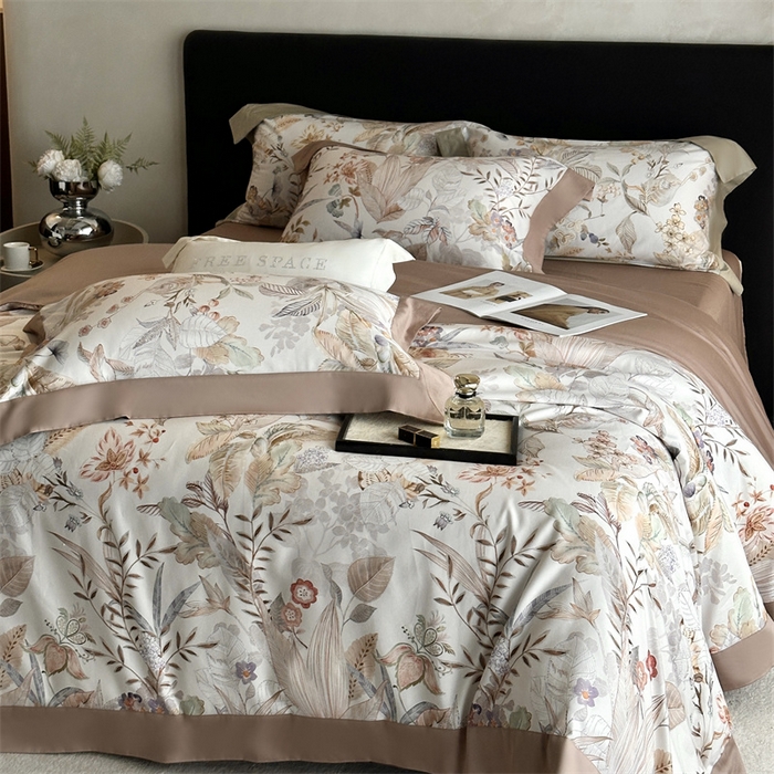 91家纺网 家纺一手货源 找家纺 南泉坊 2025新款长绒棉纯棉丝光工艺数码印花四件套 晚柠-咖