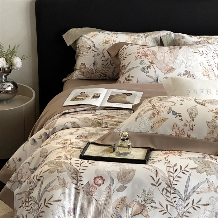 91家纺网 家纺一手货源 找家纺 南泉坊 2025新款长绒棉纯棉丝光工艺数码印花四件套 晚柠-咖