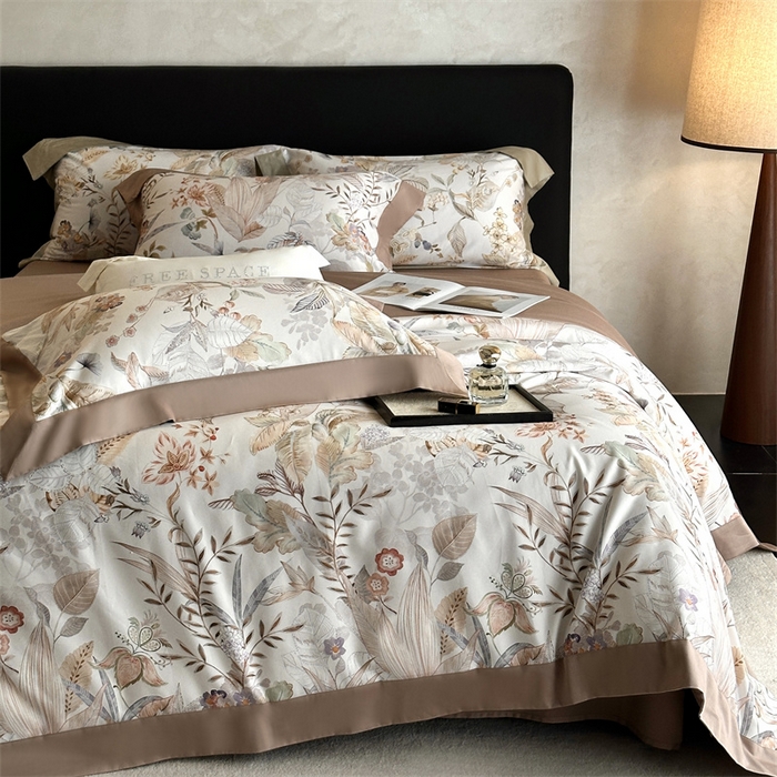 91家纺网 家纺一手货源 找家纺 南泉坊 2025新款长绒棉纯棉丝光工艺数码印花四件套 晚柠-咖