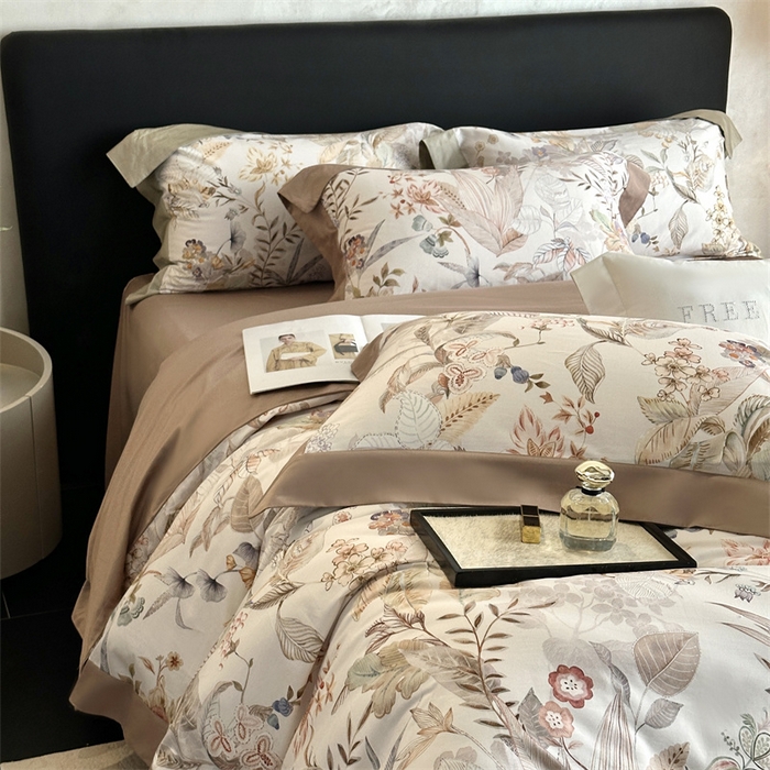 91家纺网 家纺一手货源 找家纺 南泉坊 2025新款长绒棉纯棉丝光工艺数码印花四件套 晚柠-咖