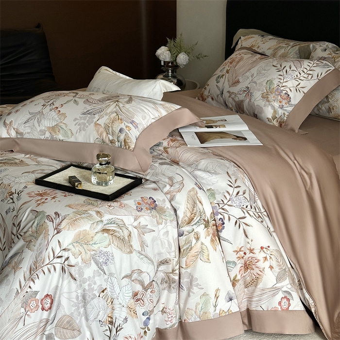 91家纺网 家纺一手货源 找家纺 南泉坊 2025新款长绒棉纯棉丝光工艺数码印花四件套 晚柠-咖