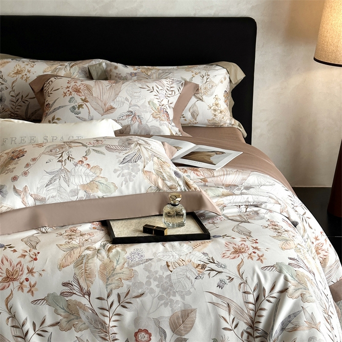 91家纺网 家纺一手货源 找家纺 南泉坊 2025新款长绒棉纯棉丝光工艺数码印花四件套 晚柠-咖