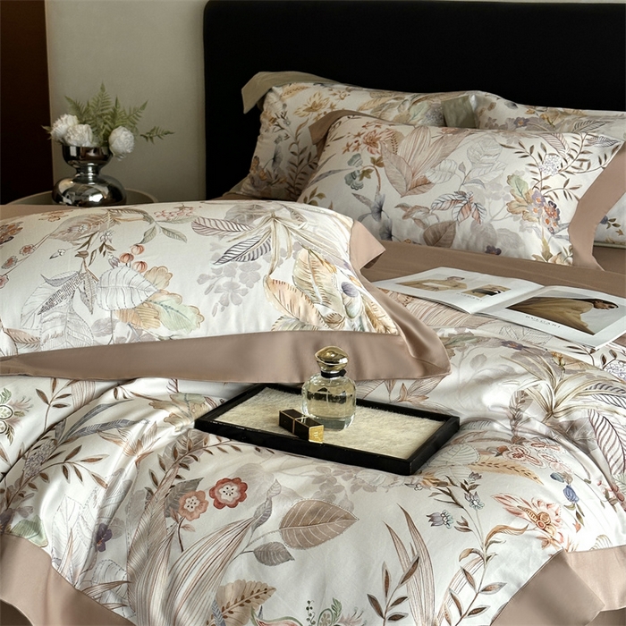 91家纺网 家纺一手货源 找家纺 南泉坊 2025新款长绒棉纯棉丝光工艺数码印花四件套 晚柠-咖