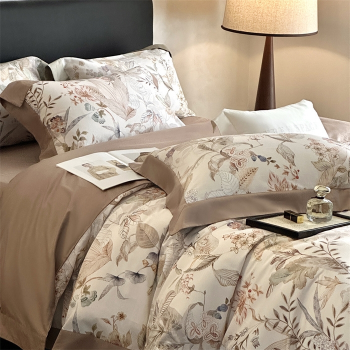 91家纺网 家纺一手货源 找家纺 南泉坊 2025新款长绒棉纯棉丝光工艺数码印花四件套 晚柠-咖