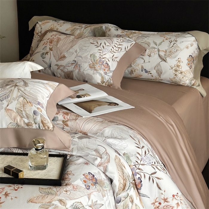 91家纺网 家纺一手货源 找家纺 南泉坊 2025新款长绒棉纯棉丝光工艺数码印花四件套 晚柠-咖