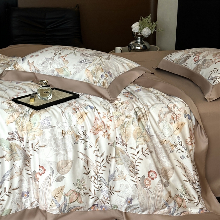 91家纺网 家纺一手货源 找家纺 南泉坊 2025新款长绒棉纯棉丝光工艺数码印花四件套 晚柠-咖