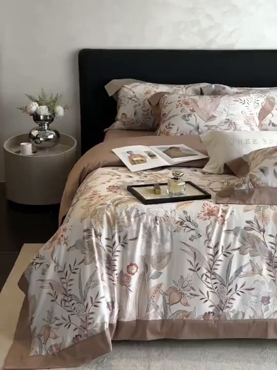 91家纺网 家纺一手货源 找家纺 南泉坊 2025新款长绒棉纯棉丝光工艺数码印花四件套 晚柠-咖