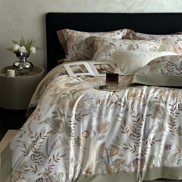 91家纺网 家纺一手货源 找家纺 南泉坊 2025新款长绒棉纯棉丝光工艺数码印花四件套 晚柠-绿