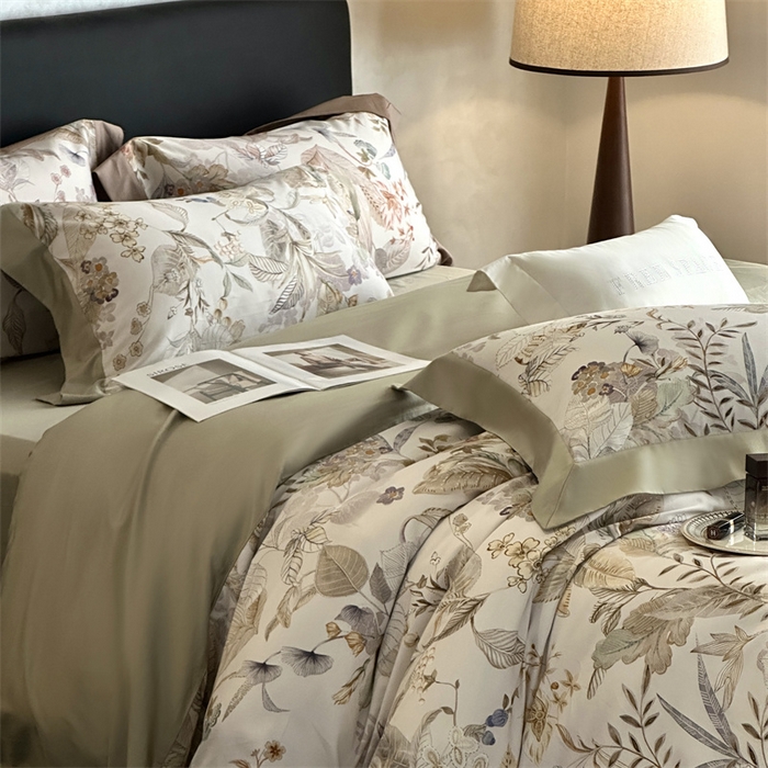 91家纺网 家纺一手货源 找家纺 南泉坊 2025新款长绒棉纯棉丝光工艺数码印花四件套 晚柠-绿