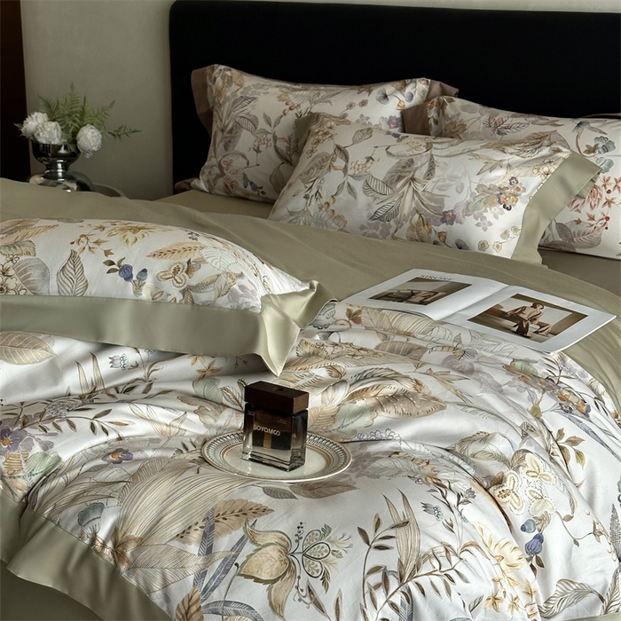 91家纺网 家纺一手货源 找家纺 南泉坊 2025新款长绒棉纯棉丝光工艺数码印花四件套 晚柠-绿