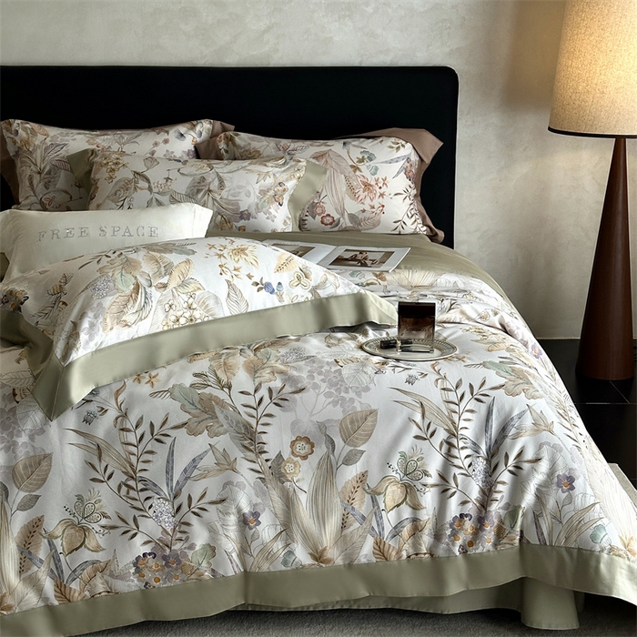 91家纺网 家纺一手货源 找家纺 南泉坊 2025新款长绒棉纯棉丝光工艺数码印花四件套 晚柠-绿