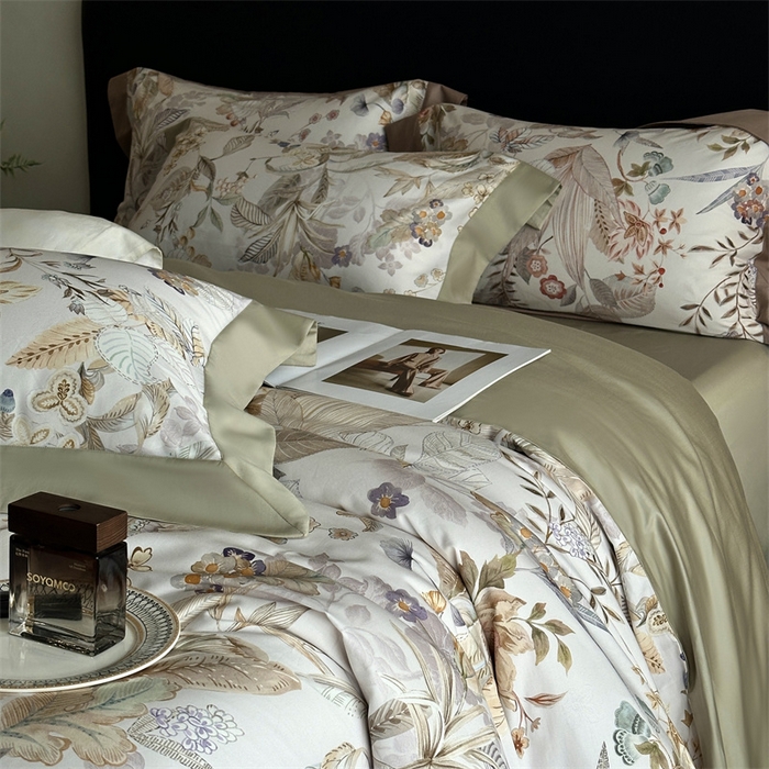 91家纺网 家纺一手货源 找家纺 南泉坊 2025新款长绒棉纯棉丝光工艺数码印花四件套 晚柠-绿