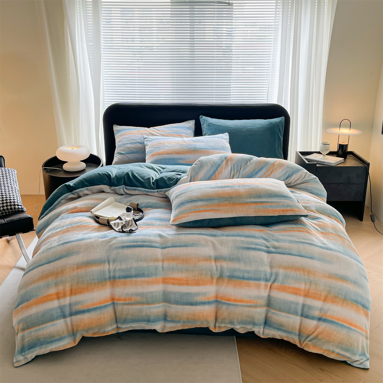 本制 2025秋冬新款牛奶绒印花四件套 晨曦-里昂蓝