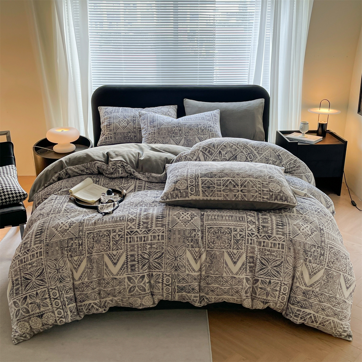 本制 2025秋冬新款牛奶绒印花四件套 布洛格-中灰