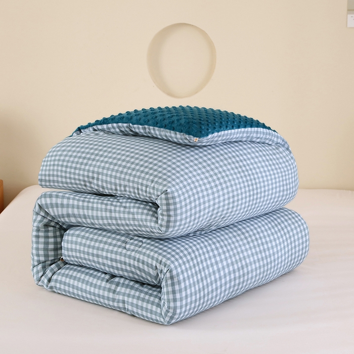 91家纺网 家纺一手货源 找家纺 乐沐 2025新款A类水洗棉双层纱豆豆绒被芯 克洛迪雅-蓝