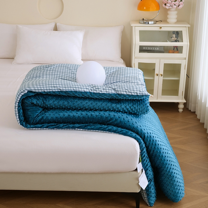 91家纺网 家纺一手货源 找家纺 乐沐 2025新款A类水洗棉双层纱豆豆绒被芯 克洛迪雅-蓝