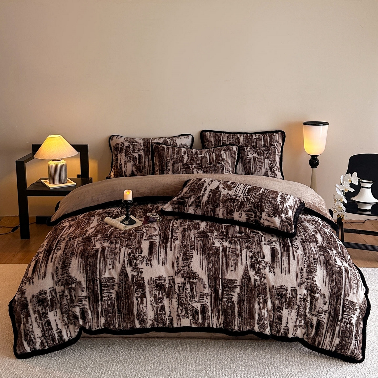 91家纺网 家纺一手货源 找家纺 梵克保罗 2025秋冬新款加厚8斤包边款美拉德仿兔毛皮草牛奶绒四件套 美拉德包边款-暮光