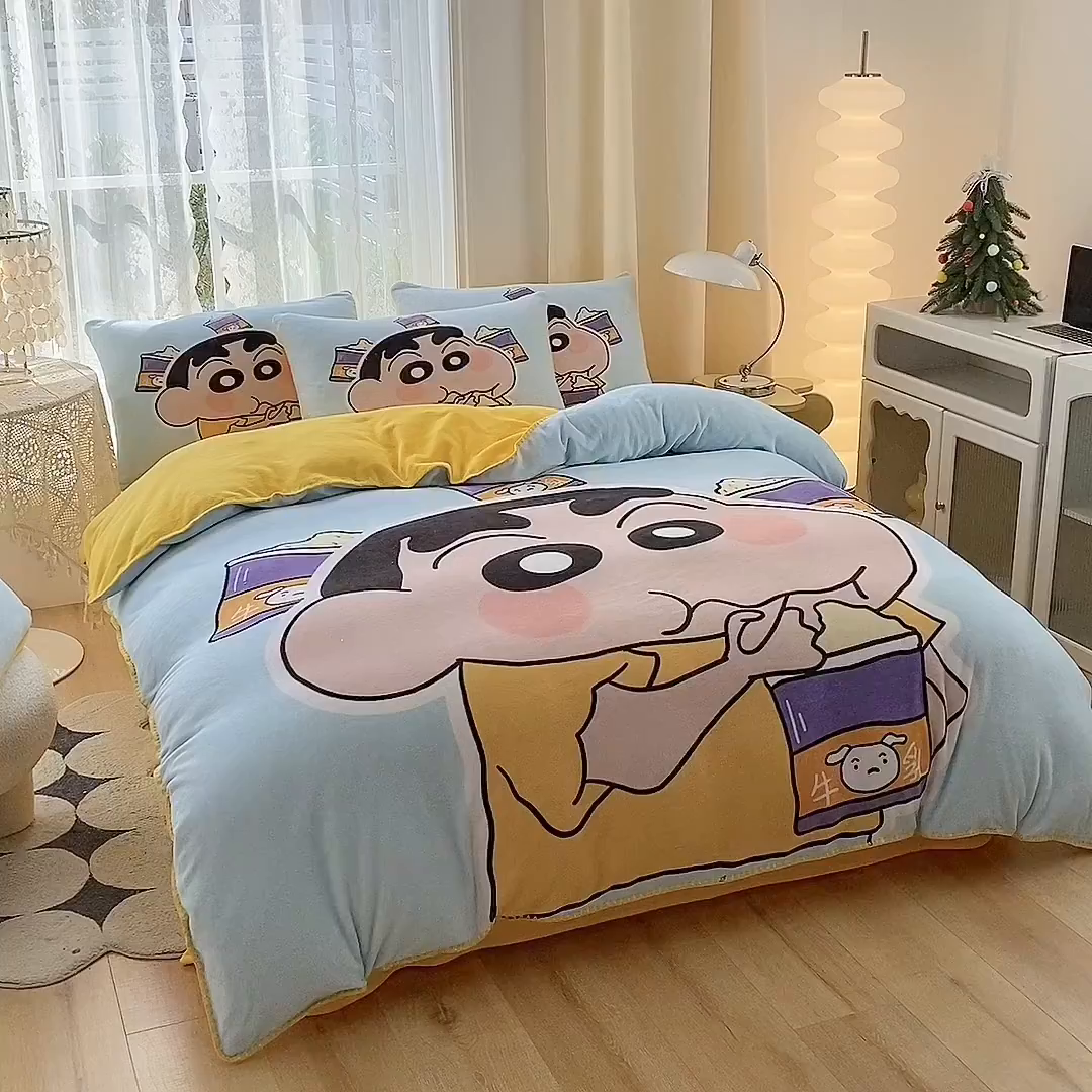 91家纺网 家纺一手货源 找家纺 一电 2025新款双面牛奶绒被套单件150x200儿童加厚法兰珊瑚绒被罩200x230冬季-第二批 奶茶小新