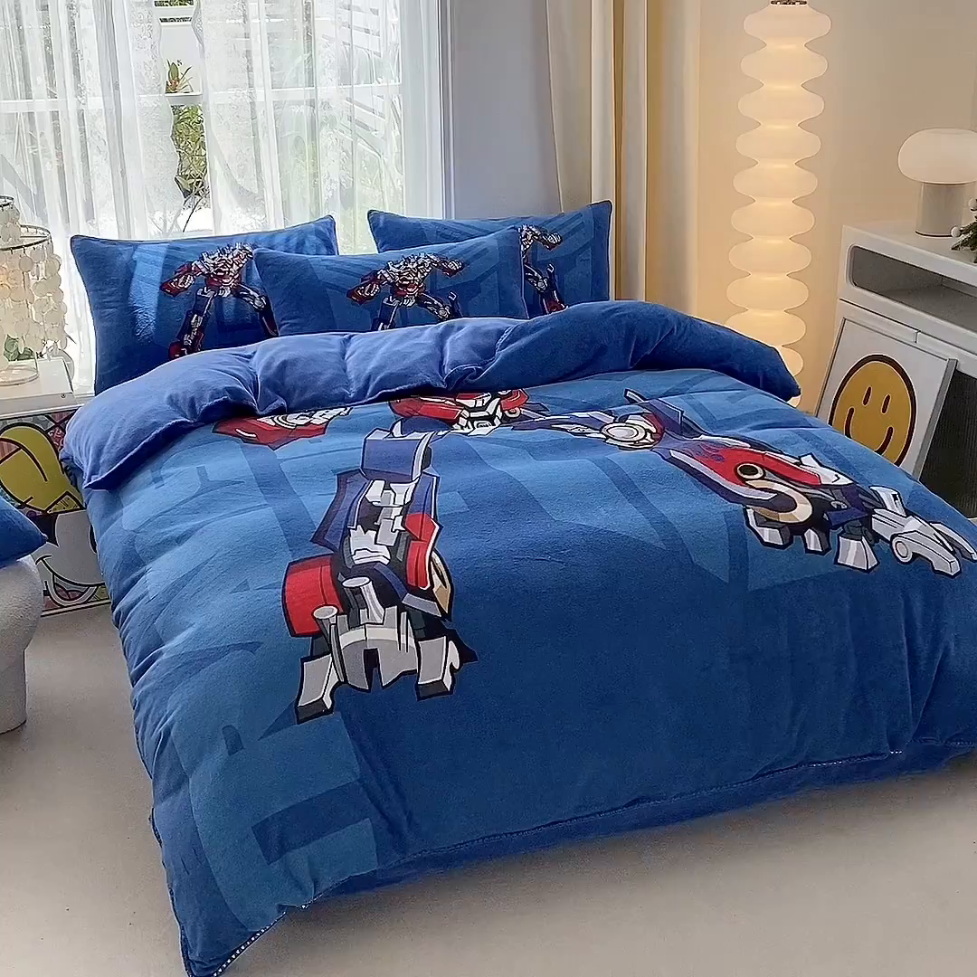 91家纺网 家纺一手货源 找家纺 一电 2025新款双面牛奶绒被套单件150x200儿童加厚法兰珊瑚绒被罩200x230冬季-第二批 擎天柱