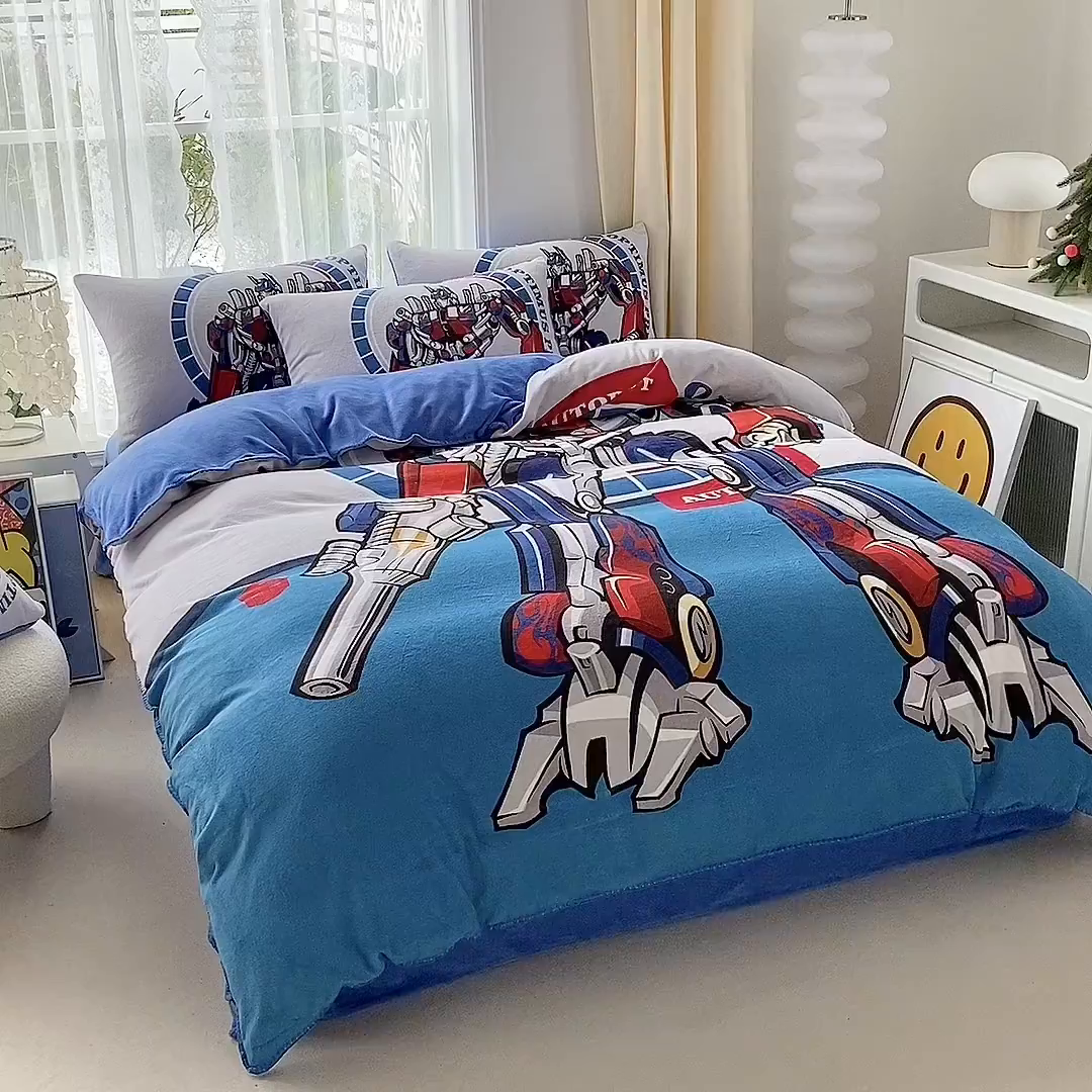 91家纺网 家纺一手货源 找家纺 一电 2025新款双面牛奶绒被套单件150x200儿童加厚法兰珊瑚绒被罩200x230冬季-第二批 圈圈机器人