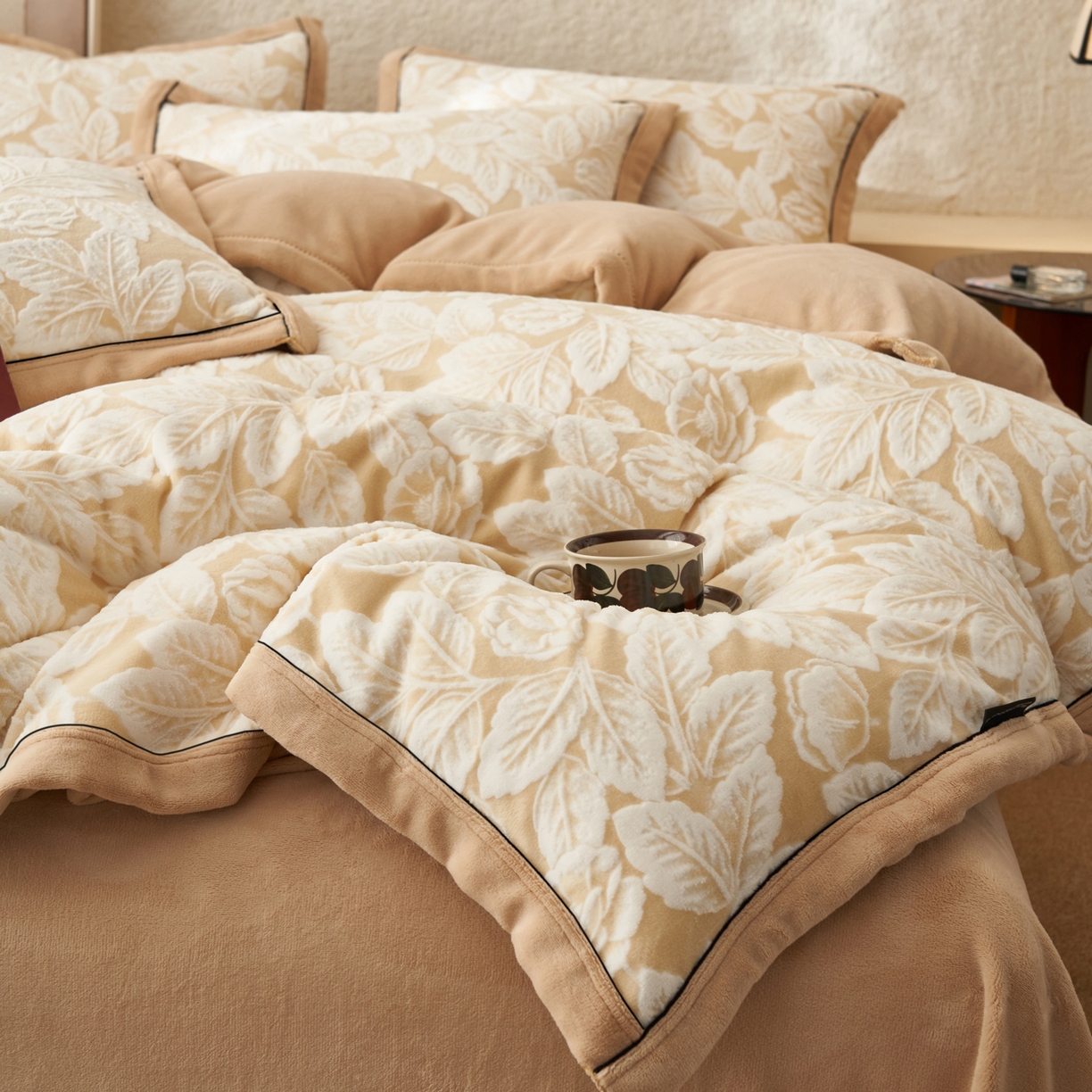 91家纺网 家纺一手货源 找家纺 寐绸家纺 2025秋冬新款230g牛奶绒染色雕花四件套 雕花四件套-叶茂