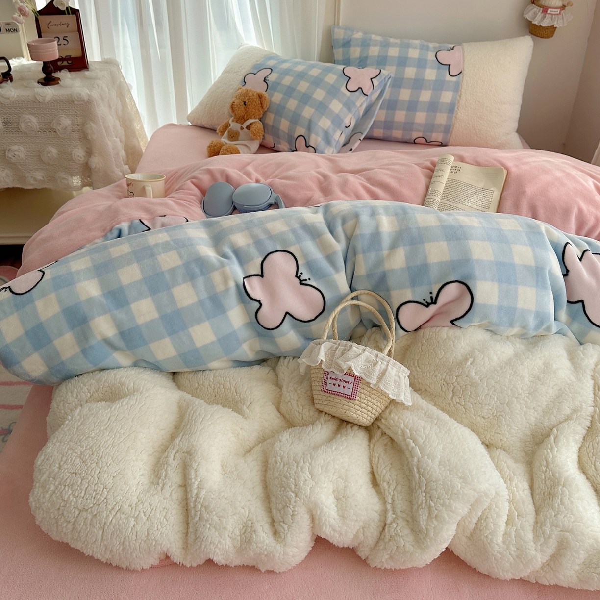 91家纺网 家纺一手货源 找家纺 （总）顾里家纺 2025新款ins韩风甜感羊羔拼接牛奶绒少女系四件套