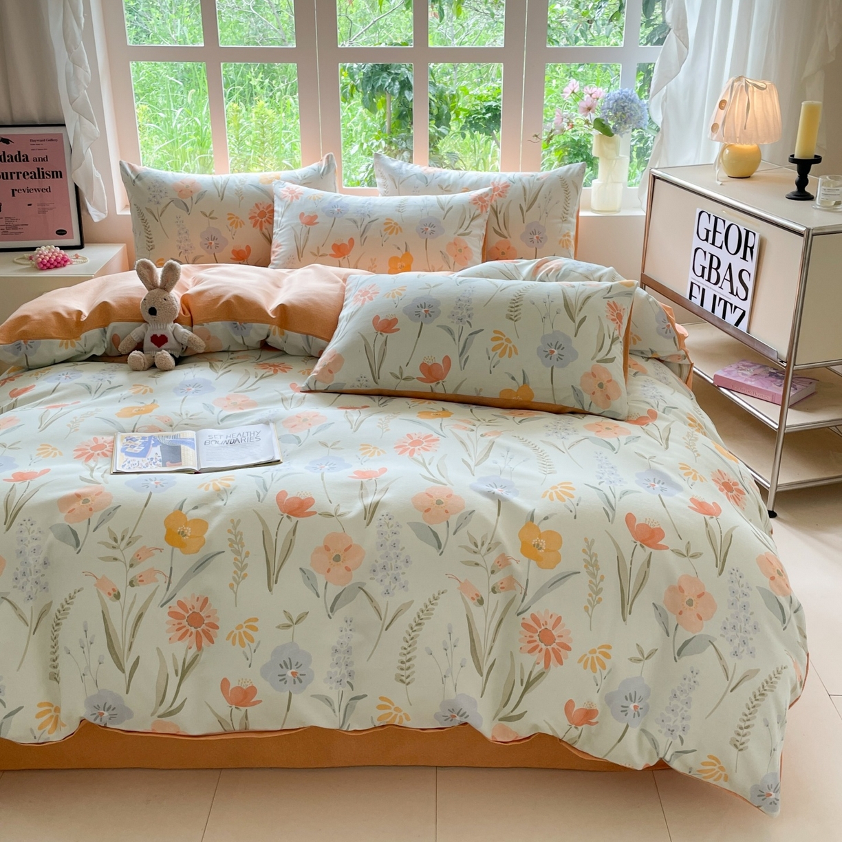 91家纺网 家纺一手货源 找家纺 本制 2025秋冬新款全棉混纺磨毛印花四件套 绿茵-蜜橙