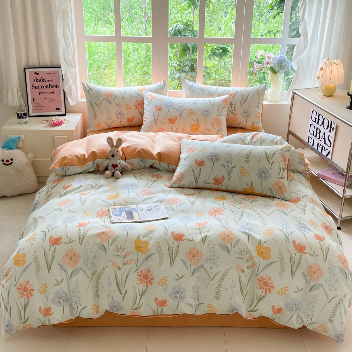 本制 2025秋冬新款全棉混纺磨毛印花四件套 绿茵-蜜橙