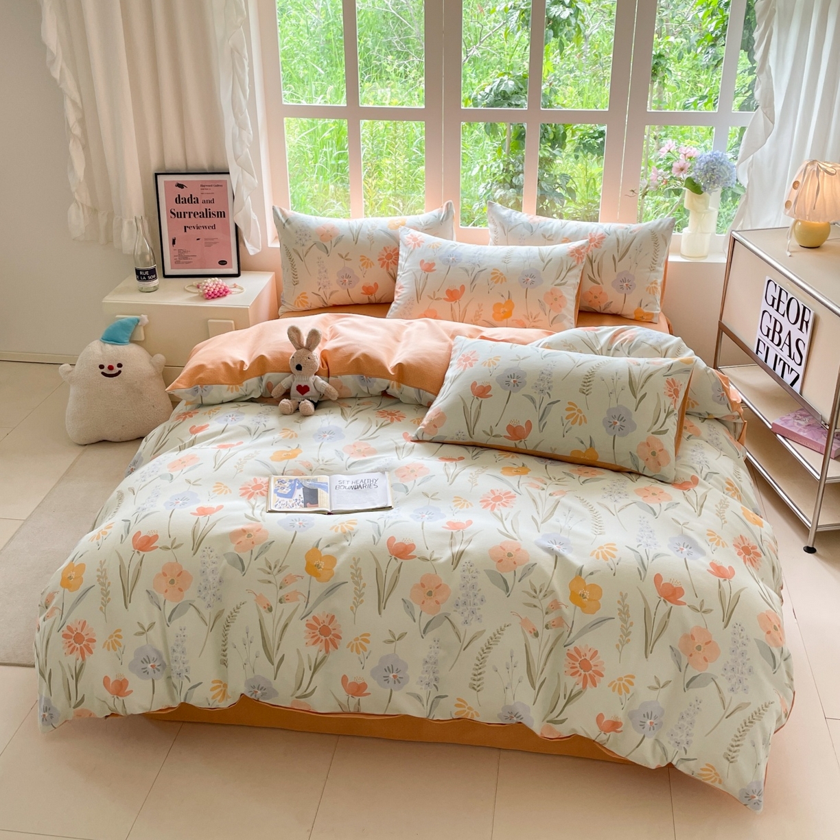 91家纺网 家纺一手货源 找家纺 本制 2025秋冬新款全棉混纺磨毛印花四件套 绿茵-蜜橙