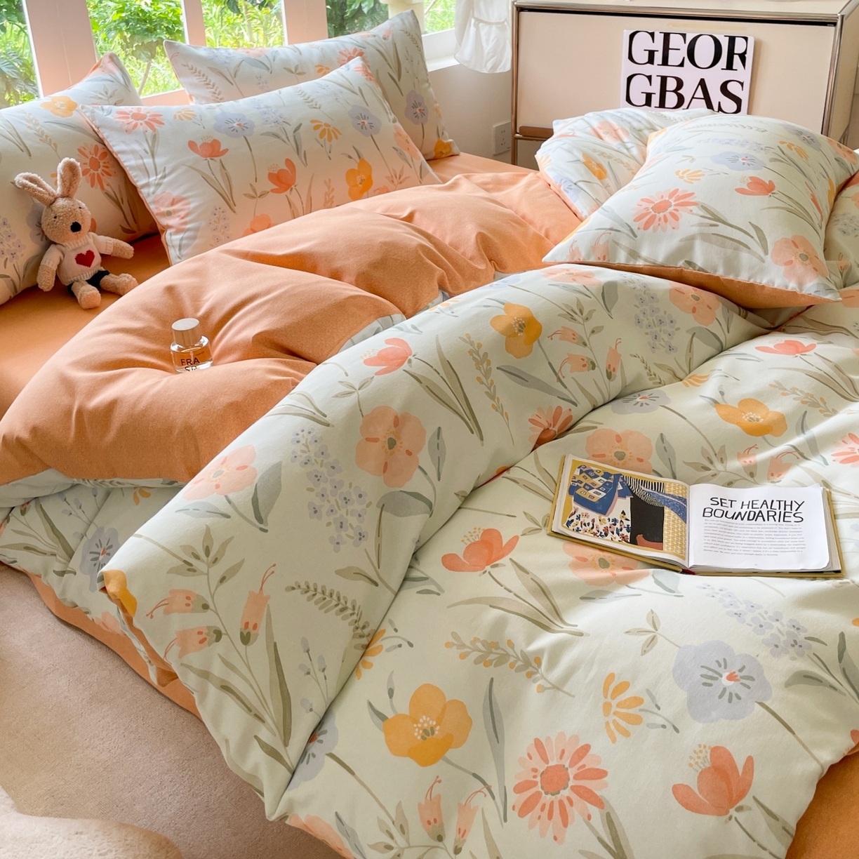 91家纺网 家纺一手货源 找家纺 本制 2025秋冬新款全棉混纺磨毛印花四件套 绿茵-蜜橙