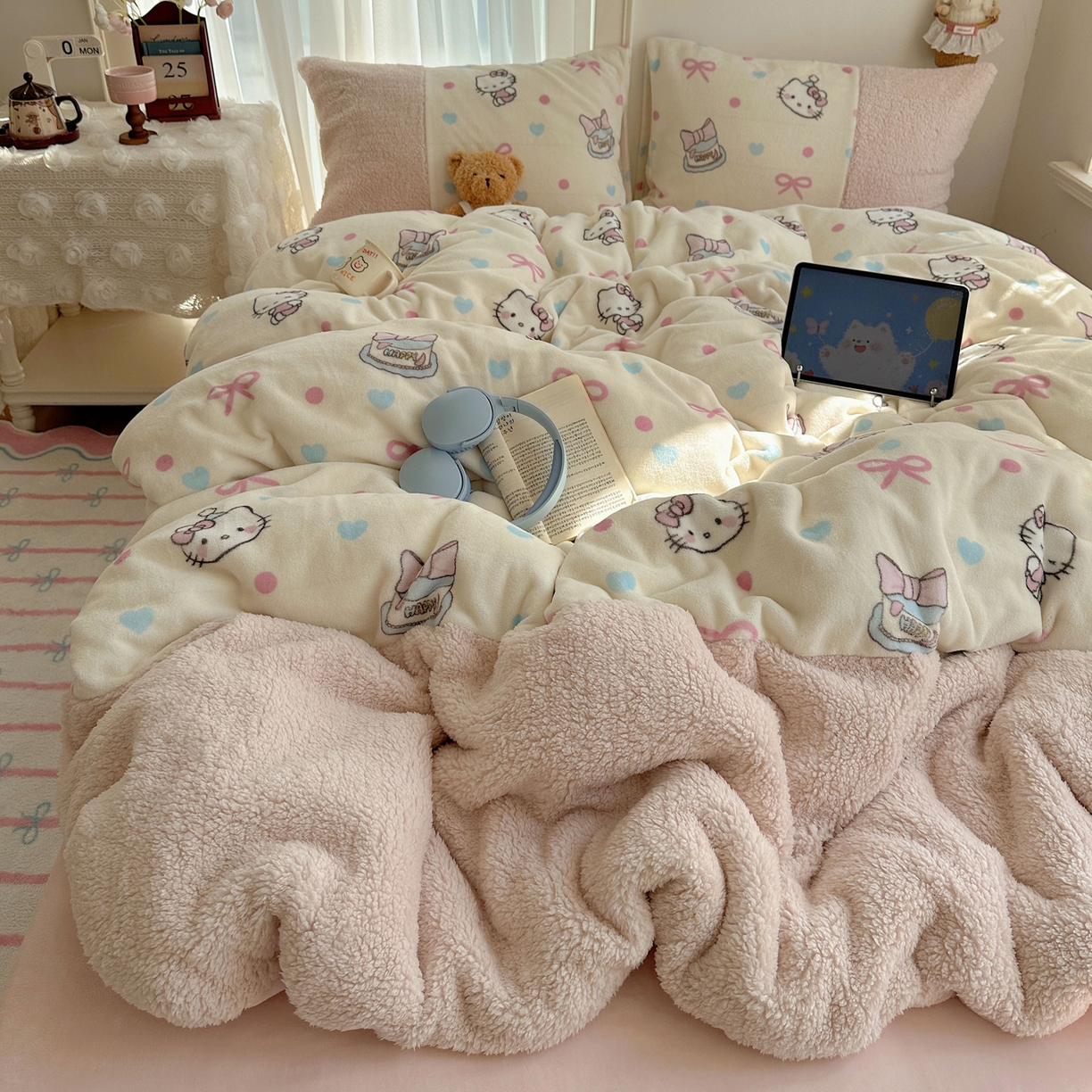 91家纺网 家纺一手货源 找家纺 （总）顾里家纺 2025新款ins韩风甜感羊羔拼接牛奶绒少女系四件套