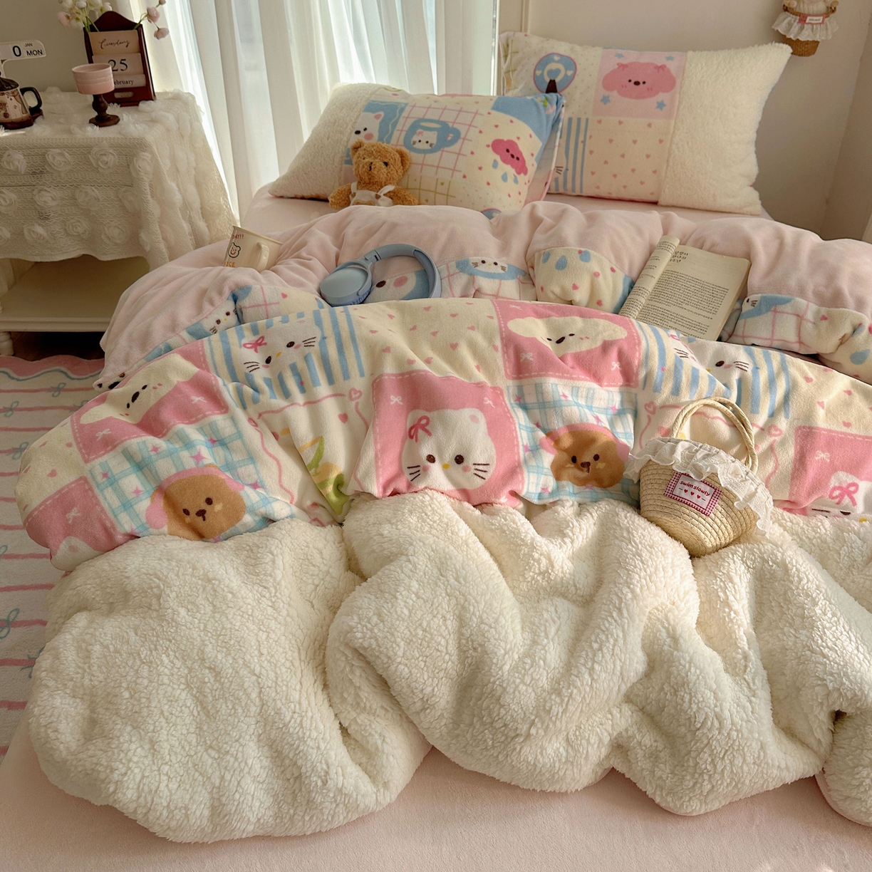 91家纺网 家纺一手货源 找家纺 （总）顾里家纺 2025新款ins韩风甜感羊羔拼接牛奶绒少女系四件套