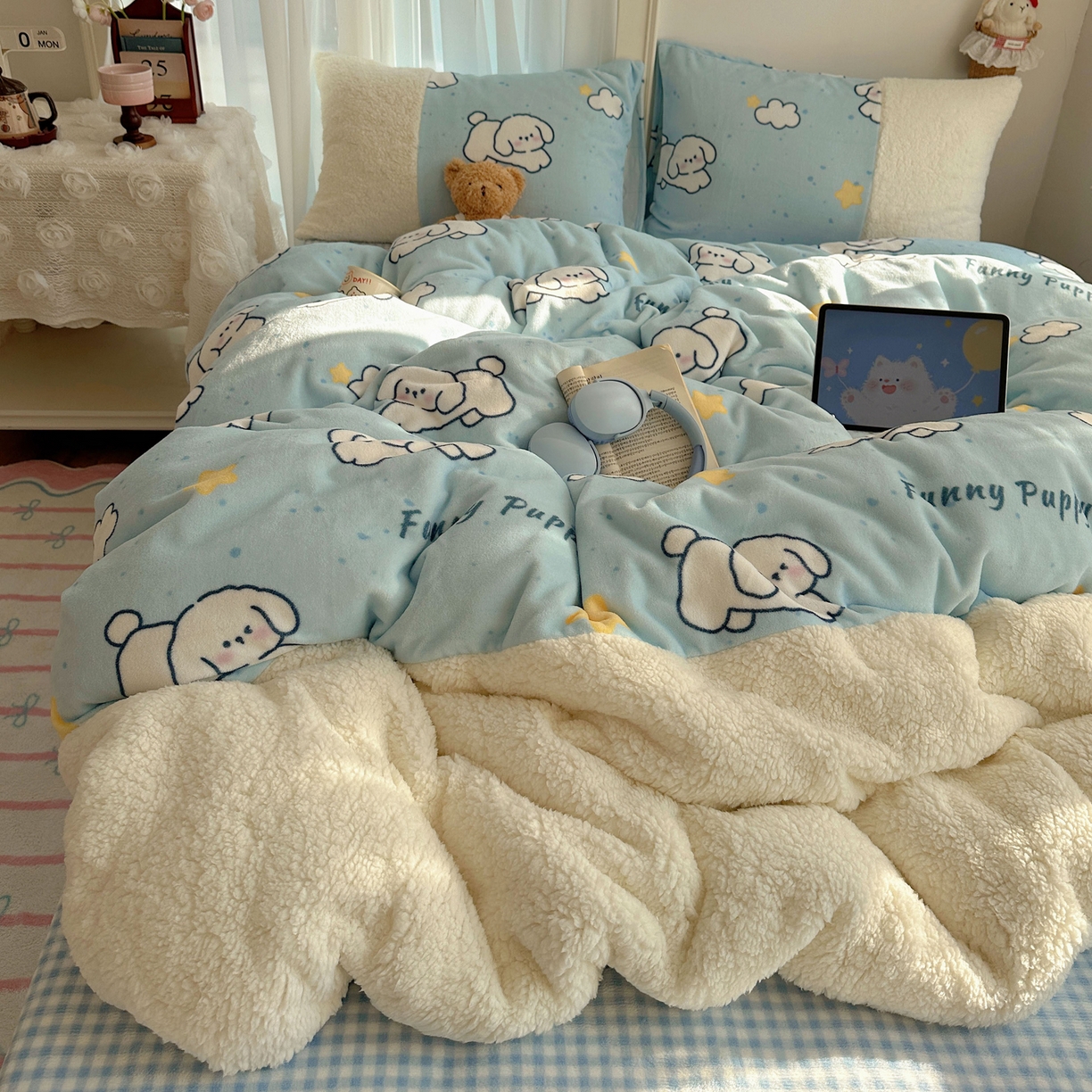 91家纺网 家纺一手货源 找家纺 （总）顾里家纺 2025新款ins韩风甜感羊羔拼接牛奶绒少女系四件套