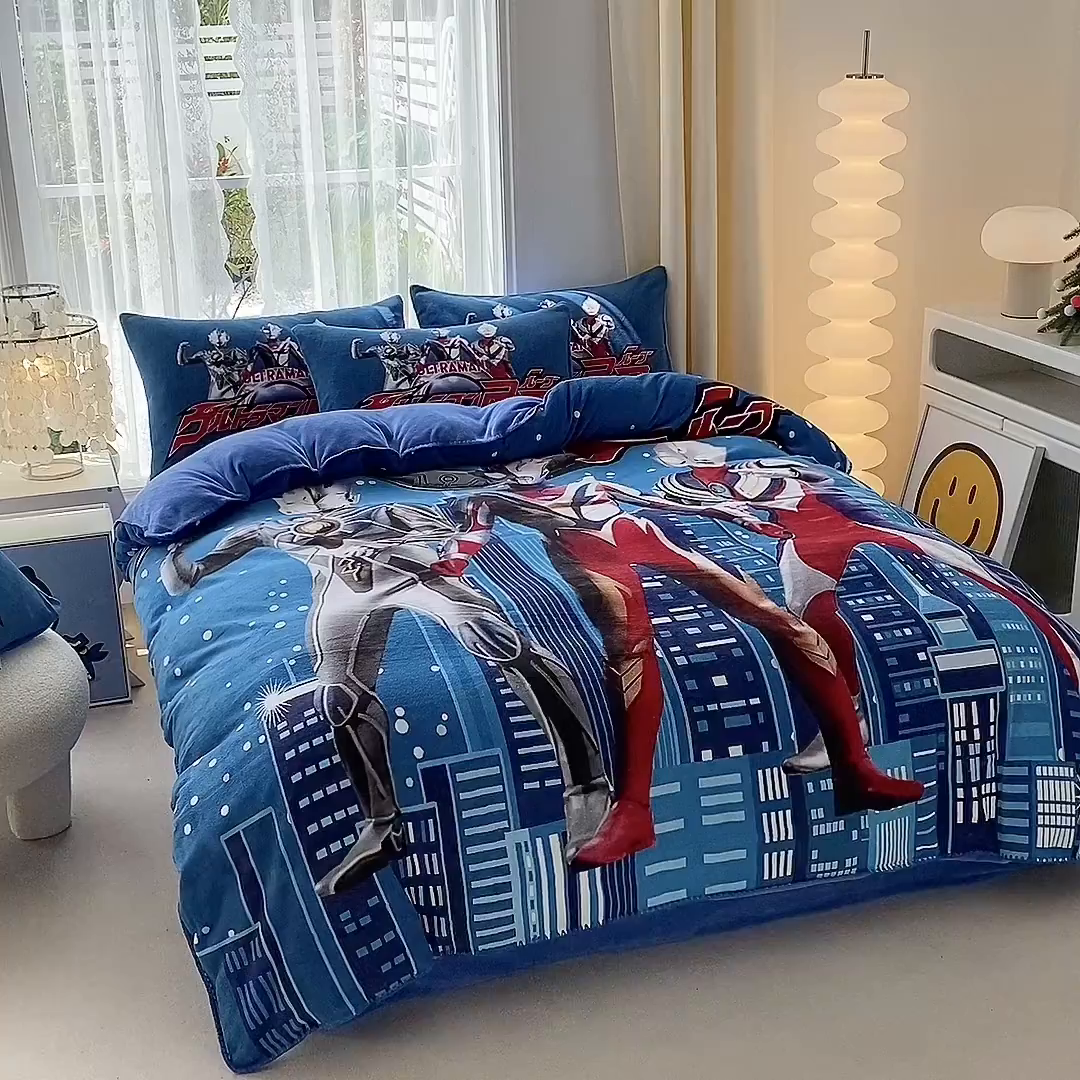 91家纺网 家纺一手货源 找家纺 一电 2025新款冬季双面牛奶珊瑚绒床上四件套法兰绒床品加绒被套床单三件套-第一批 奥特归来 (2)