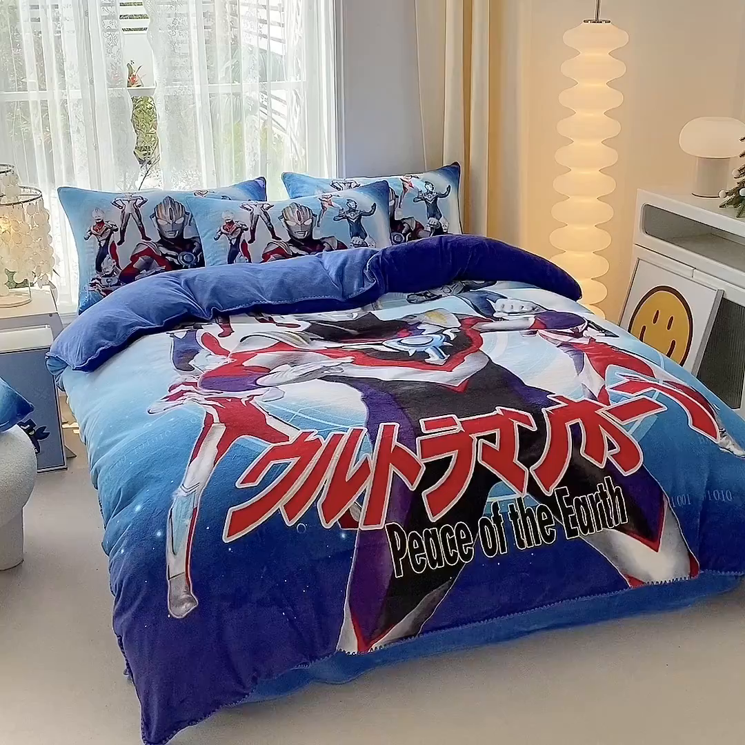 91家纺网 家纺一手货源 找家纺 一电 2025新款冬季双面牛奶珊瑚绒床上四件套法兰绒床品加绒被套床单三件套-第一批 奥特战队 (2)