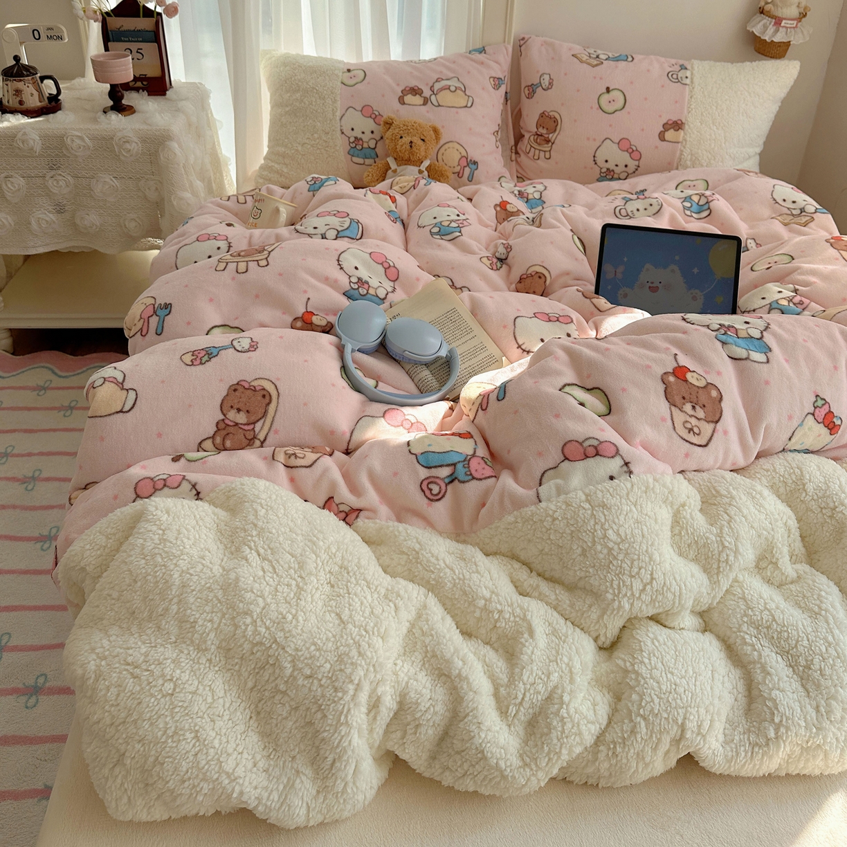 顾里家纺 2025新款ins韩风甜感羊羔拼接牛奶绒少女系四件套 猫咪梦想