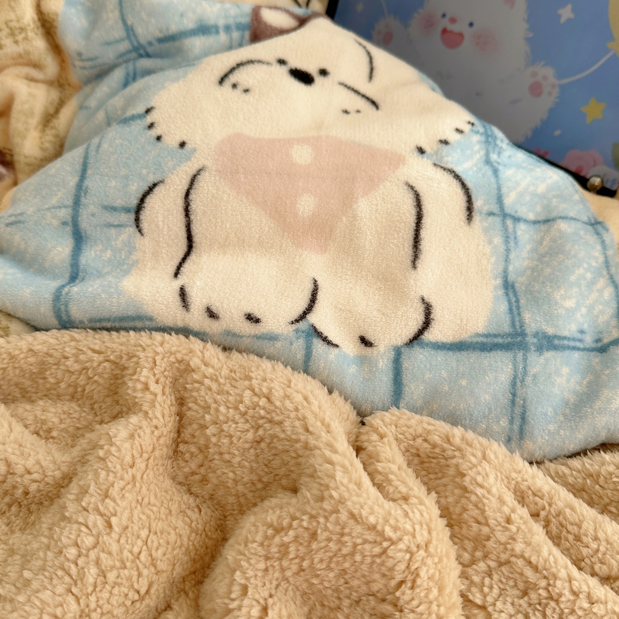 91家纺网 家纺一手货源 找家纺 顾里家纺 2025新款ins韩风甜感羊羔拼接牛奶绒少女系四件套 美式狗仔