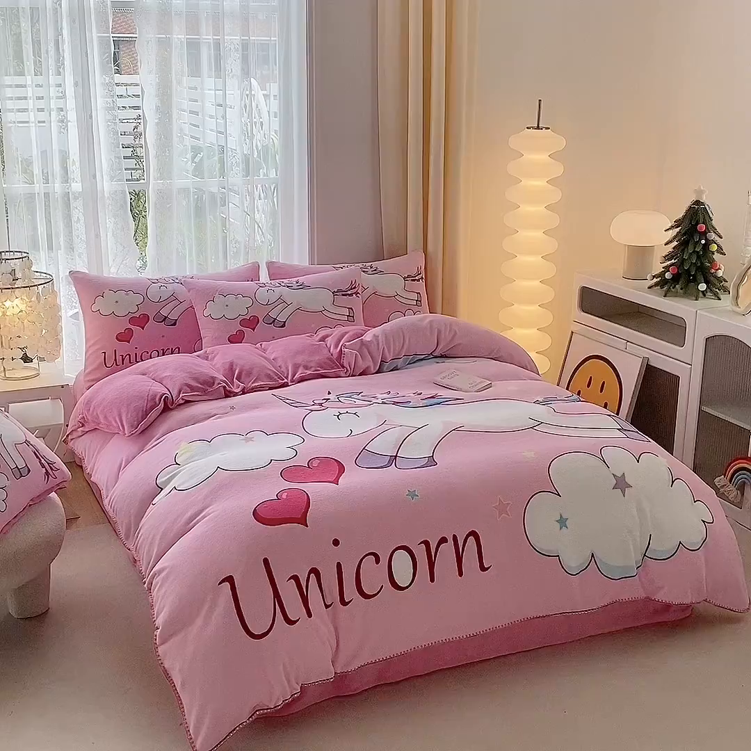 91家纺网 家纺一手货源 找家纺 一电 2025新款冬季双面牛奶珊瑚绒床上四件套法兰绒床品加绒被套床单三件套-第二批 彩虹小马