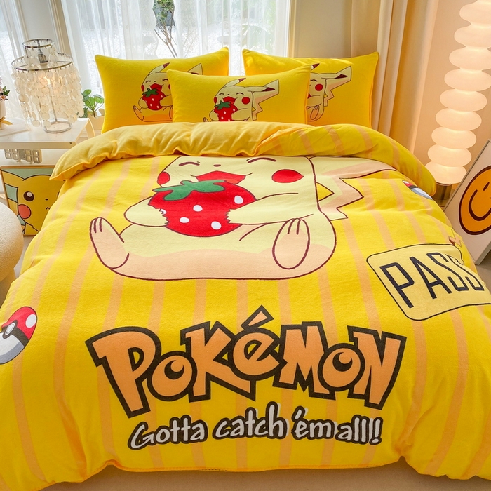 一电 2025新款冬季双面牛奶珊瑚绒床上四件套法兰绒床品加绒被套床单三件套-第二批 草莓皮卡丘