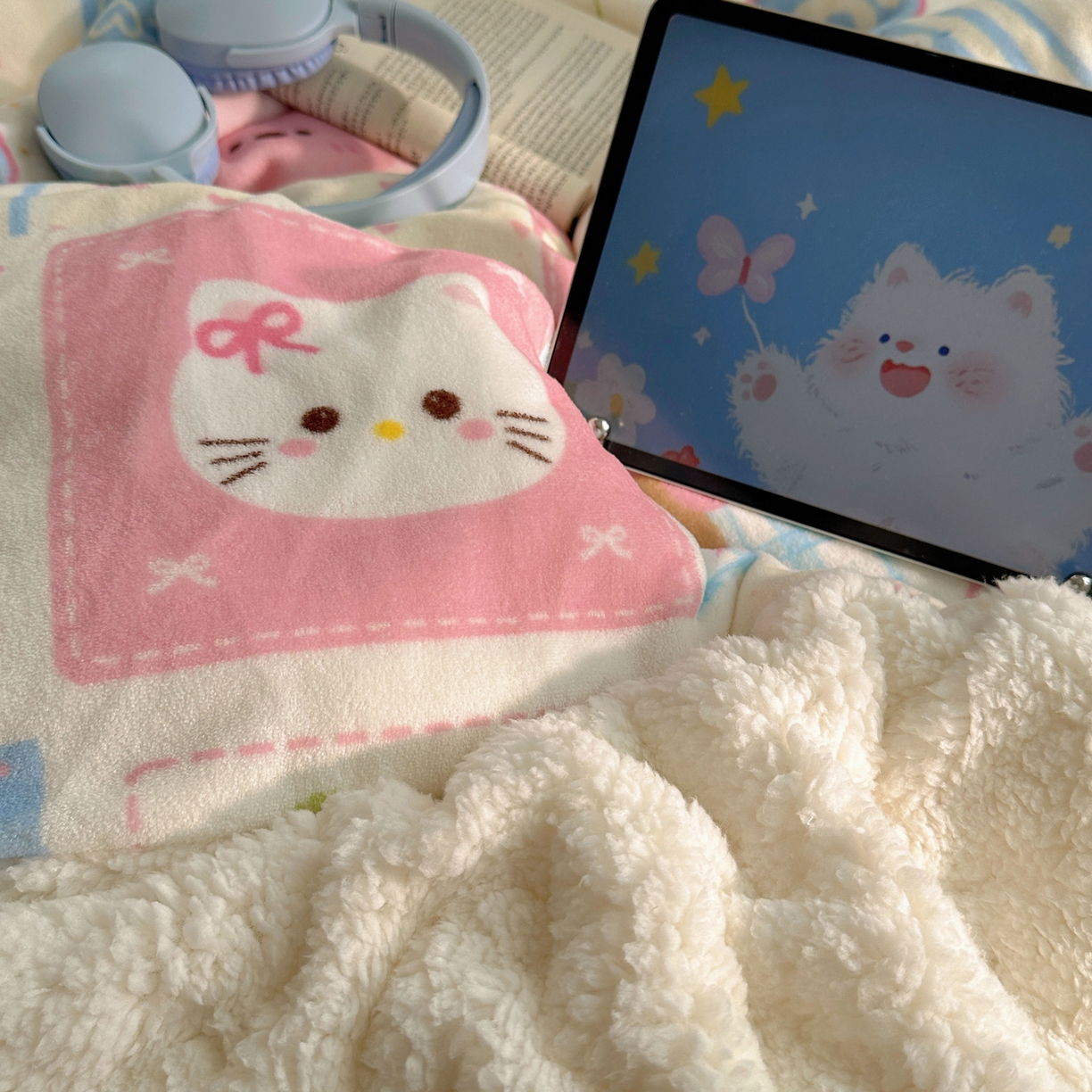 91家纺网 家纺一手货源 找家纺 顾里家纺 2025新款ins韩风甜感羊羔拼接牛奶绒少女系四件套 拼接猫狗