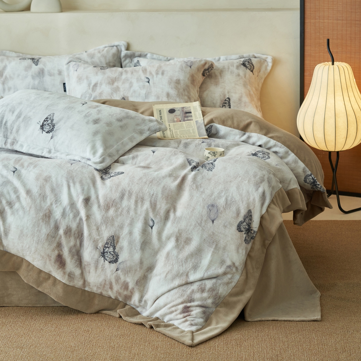 寐绸家纺 2025秋冬新款230g棉麻风牛奶绒四件套 棉麻风四件套-梦蝶