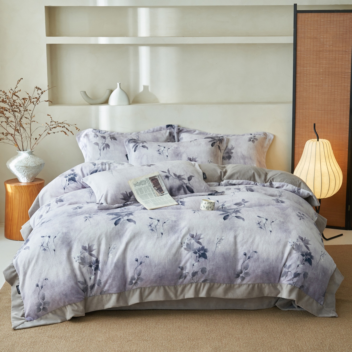 91家纺网 家纺一手货源 找家纺 寐绸家纺 2025秋冬新款230g棉麻风牛奶绒四件套 棉麻风四件套-墨蓝